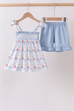 Blue Sailboat Smocked Set