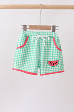 Red Watermelon Embroidered UPF Swim Trunks