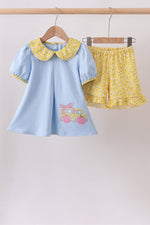 Blue Bus Floral Applique Ruffle Set