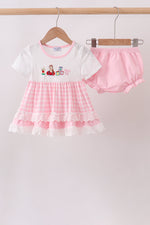Pink Pencil ABC embroidery gingham bloomer set