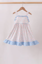 Blue Floral Print Ruffle Dress