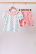 Pink Floral Bow Print Scalloped Shorts Set