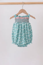 Green Floral Smocked Ruffle Bubble