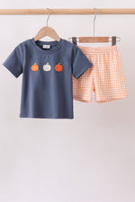 Orange Pumpkin Embroidery Gingham Shorts Set