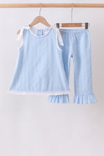 Blue Jacquard Lace Ruffle Pants Set