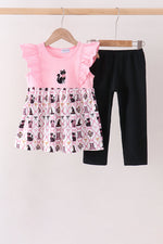 Pink Cat Embroidery Ruffle Pants Set