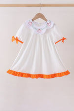 Orange Pumpkin Bow Embroidery Ruffle Dress