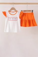 Orange Pumpkin Bow Embroidery Ruffle Skorts Set