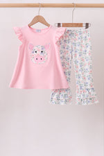 Pink Piggy Applique Ruffle Pants Set