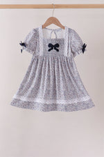 Navy Floral Bow Smocked Dress