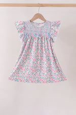 Blue Floral Smocked Ruffle Dress