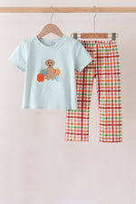 Blue Puppy Pumpkin Embroidery Gingham Pants Set