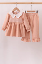 Coral Corduroy Smocked Ruffle Pants Set