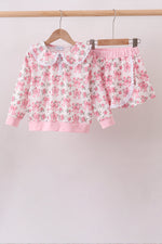 Pink Floral Bow Lace Skorts Set
