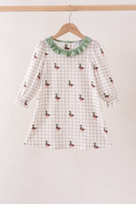 Green Duck Embroidery Gingham Dress