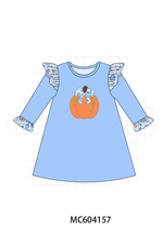 Blue pumpkin applique ruffle dress