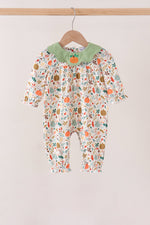 Fall pumpkin embroidery leaves romper