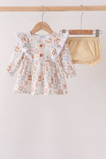 Khaki farm checkered ruffle bloomer set