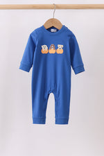 Royal blue puppy pumpkin embroidery romper