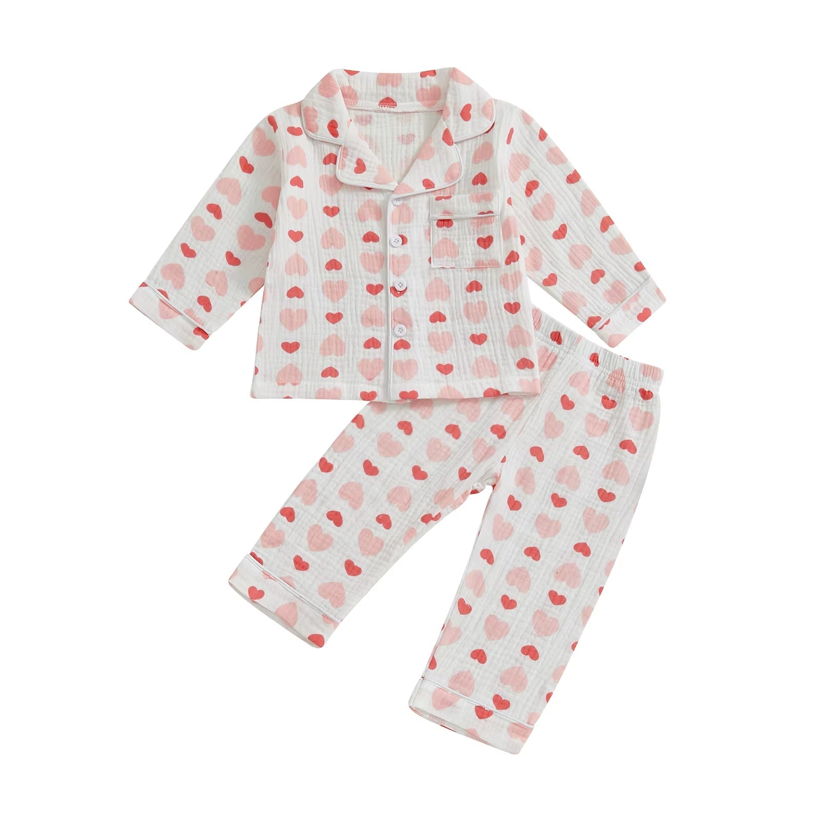 Soft Cotton Kids Girls Pajamas Set Spring Fall Casual Sleepwear Heart Print Long Sleeve Shirt with Pants Nightwears