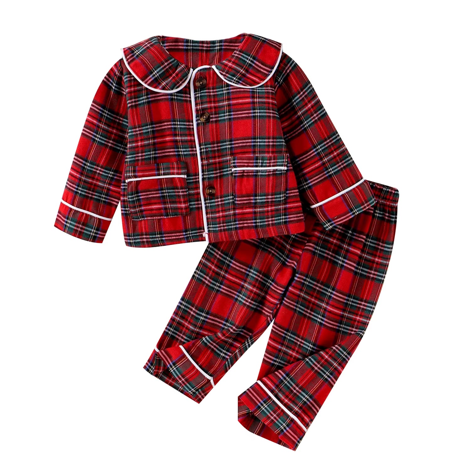 Plaid Print Kids Girls Boys Sleepwear for Christmas Pajamas Set Fashion Casual Long Sleeve Tops + Elastic Waist Pants Nightwear