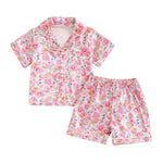 Summer Kids Girls Pajamas Sets Satin Slik Floral Print Short Sleeves Button Shirt Elastic Shorts Sleepwear Loungewear