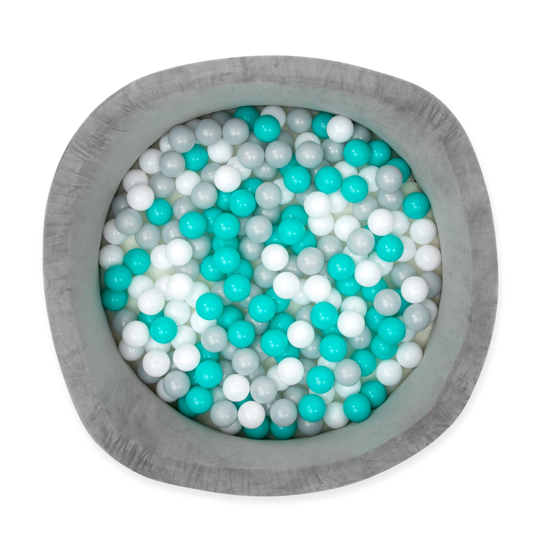 Grey Velvet Ball Pit with 200 Aqua, White, & Grey Balls