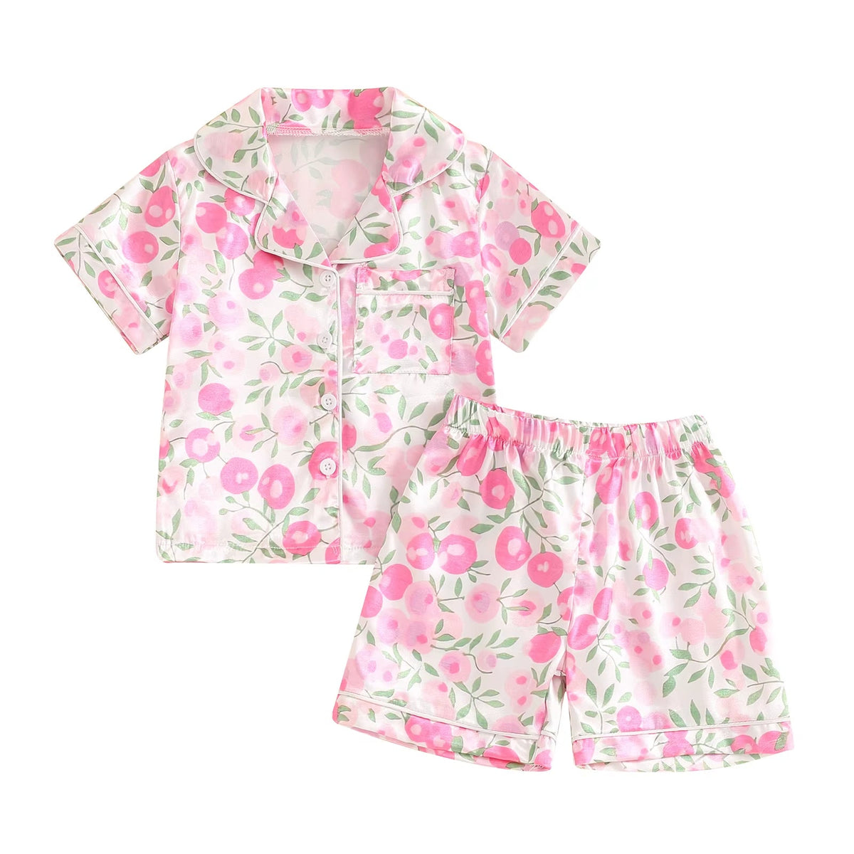 Summer Kids Girls Pajamas Sets Satin Slik Floral Print Short Sleeves Button Shirt Elastic Shorts Sleepwear Loungewear