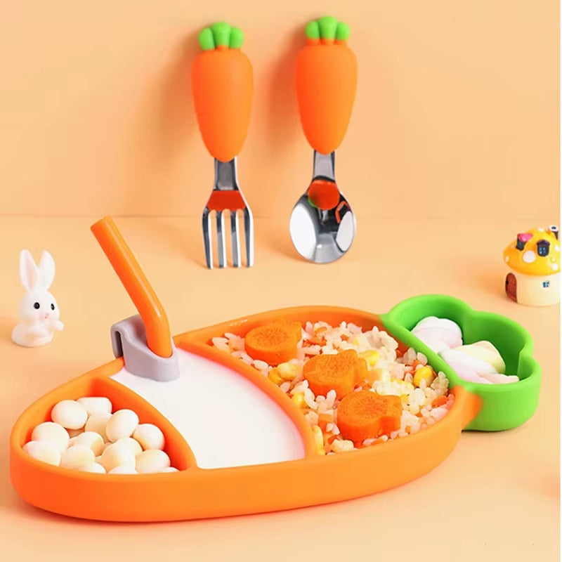 Children Carrot Silicone Tableware Feedingbaby Dinner Bowl Cartoon Plate Training Spoon Fork Infant Toddler Self Feeding Tool