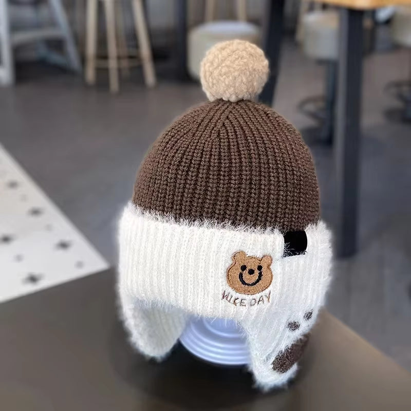 Winter Baby Bear Hat Children Plush Earmuffs Cap Kids Warm Knitted Hat Beanie Pompom Ball Toddler Ear Protection Caps 1-6Year