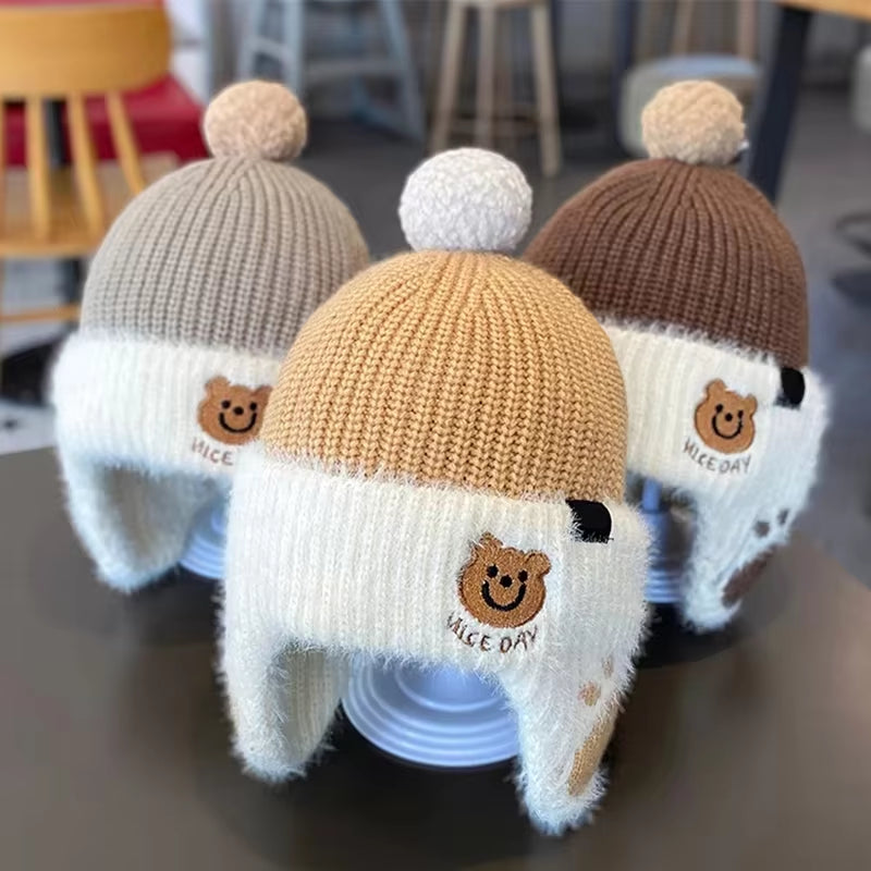 Winter Baby Bear Hat Children Plush Earmuffs Cap Kids Warm Knitted Hat Beanie Pompom Ball Toddler Ear Protection Caps 1-6Year