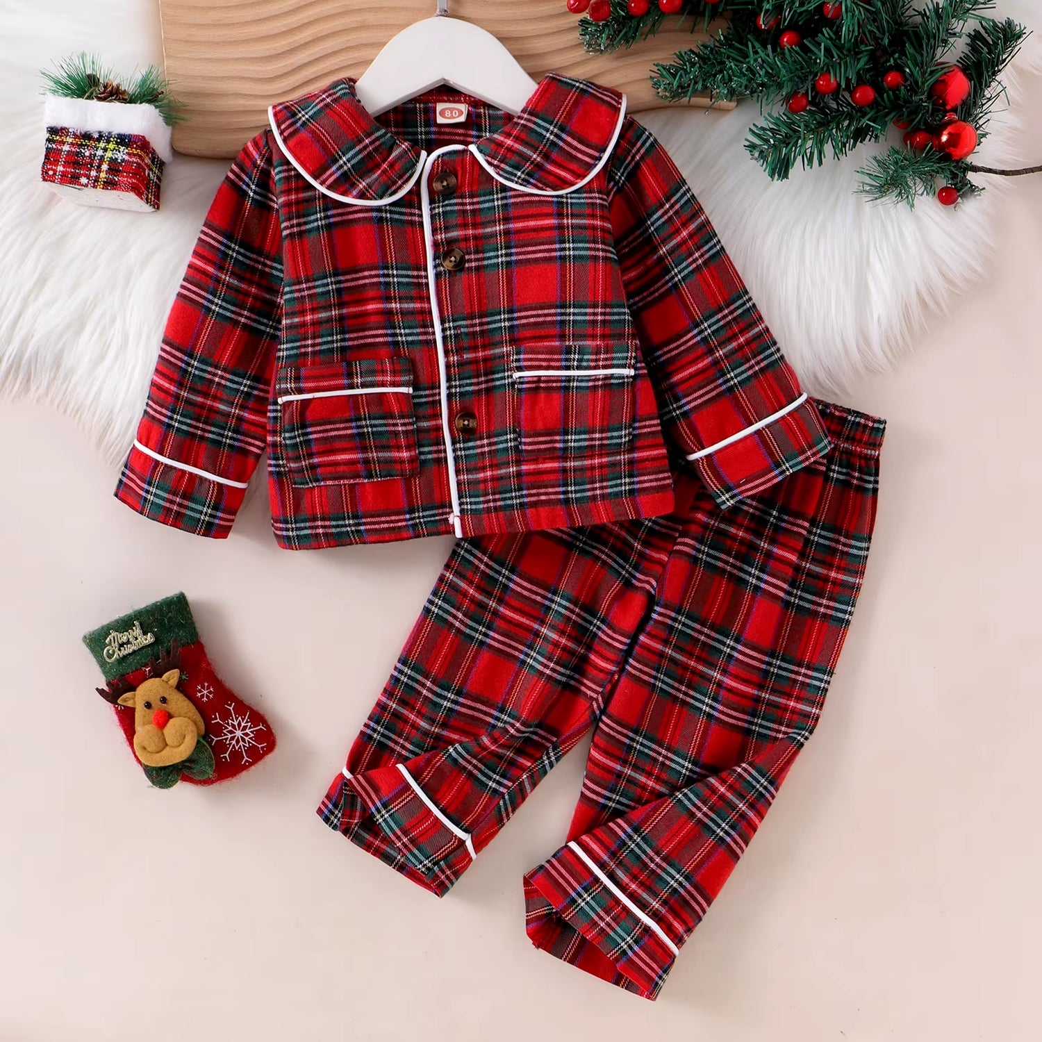 Plaid Print Kids Girls Boys Sleepwear for Christmas Pajamas Set Fashion Casual Long Sleeve Tops + Elastic Waist Pants Nightwear