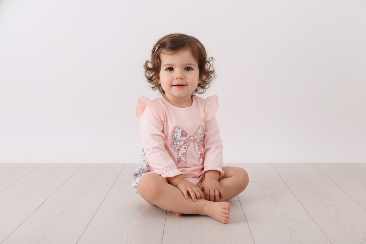 Pink floral bow applique ruffle bubble