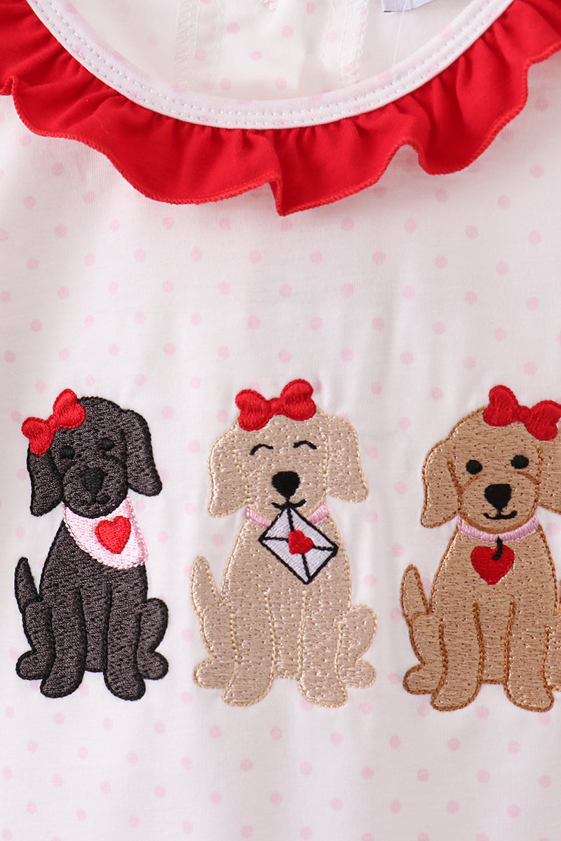 White puppy embroidery ruffle pants set
