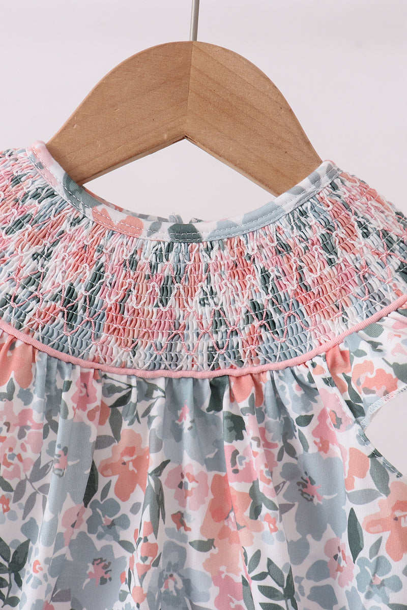 Pink Floral Smocked Knit Bubble