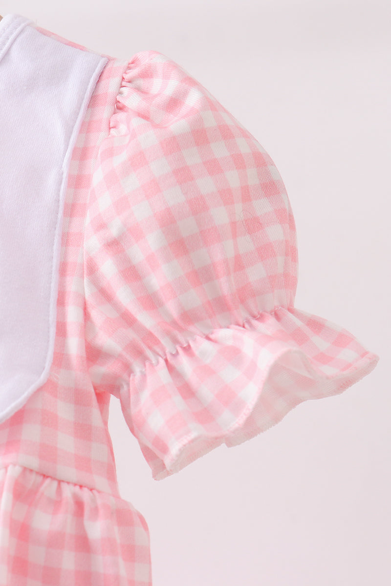 Pink Gingham Animal Embroidered Knit Bubble