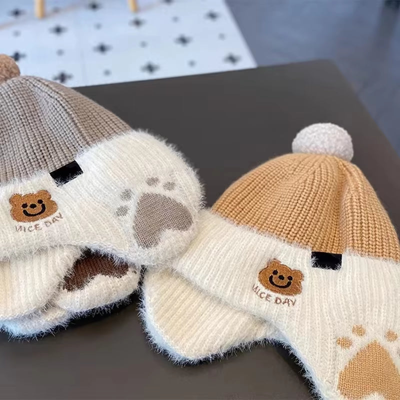 Winter Baby Bear Hat Children Plush Earmuffs Cap Kids Warm Knitted Hat Beanie Pompom Ball Toddler Ear Protection Caps 1-6Year