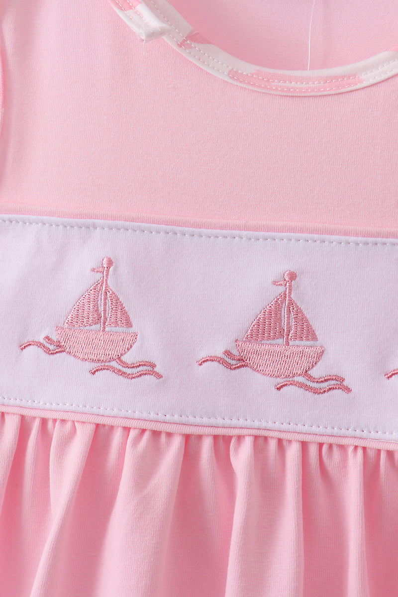 Pink Sailboat Embroidered Knit Set