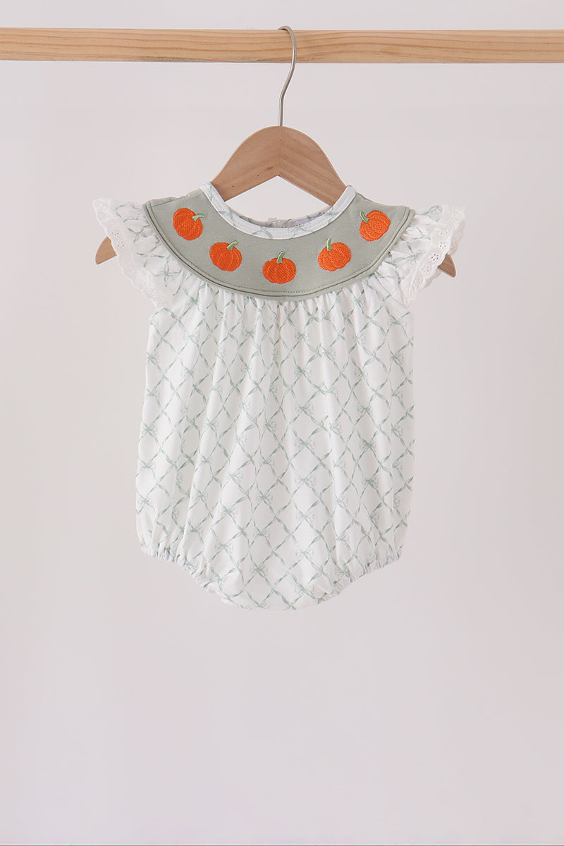 Sage pumpkin embroidery bow ruffle bubble