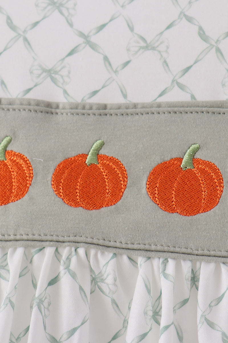 Sage pumpkin embroidery bow ruffle bloomer set