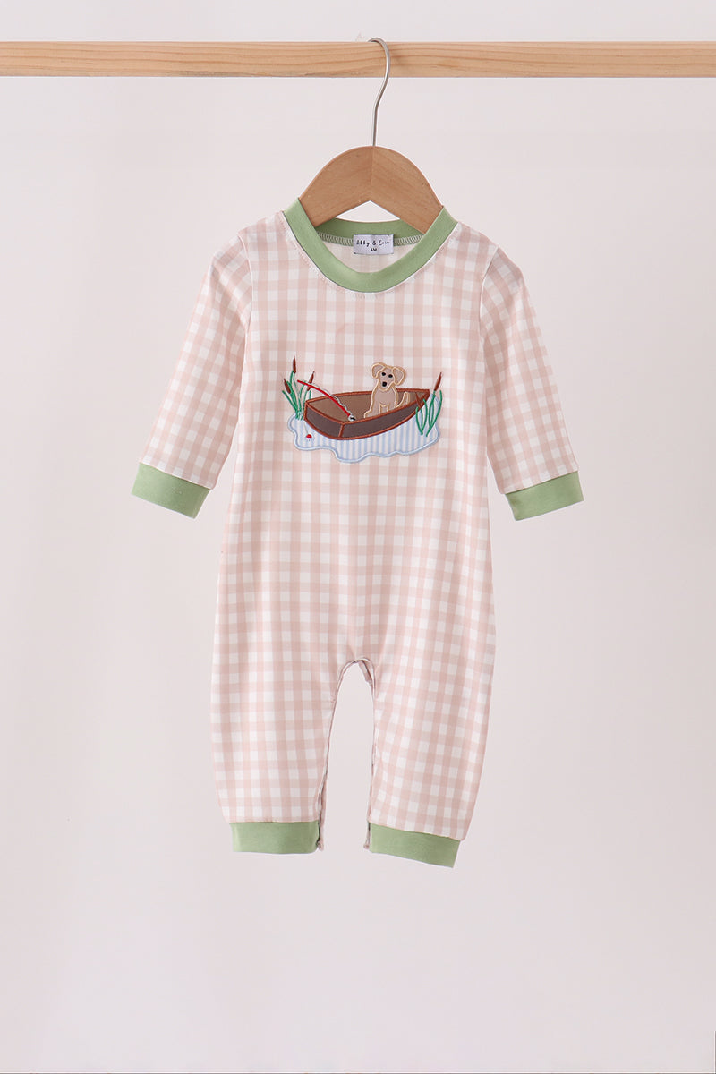 Khaki Puppy Fishing Gingham Romper