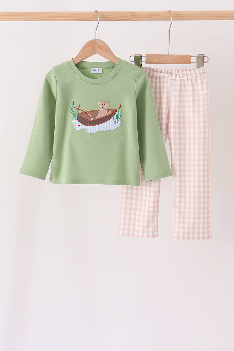 Sage Puppy Fishing Gingham Pants Set