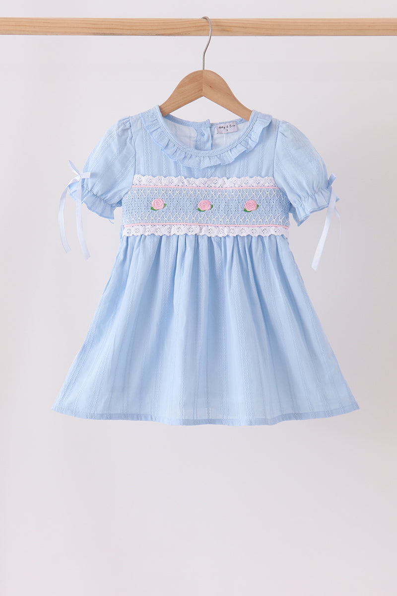 Blue Floral Smocked Lace Ruffle Dress
