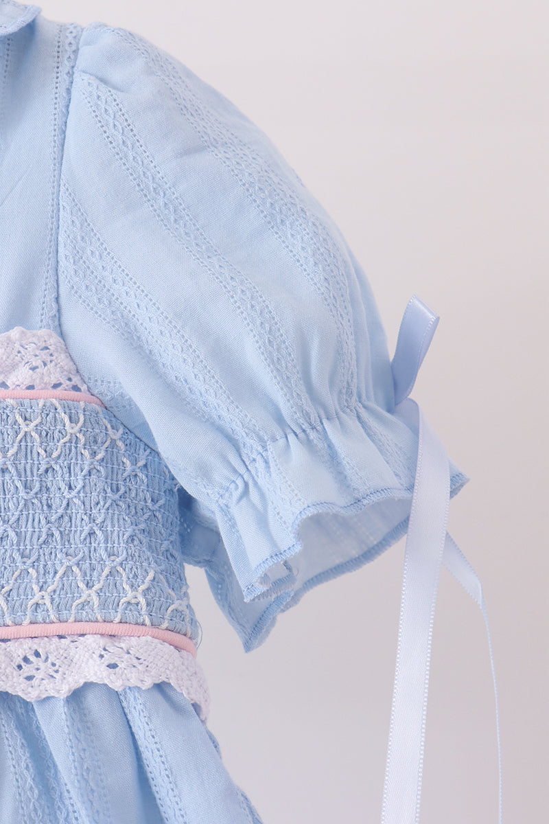 Blue Floral Smocked Lace Ruffle Dress