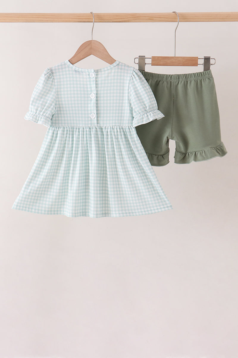 Sage pumpkin smocked gingham ruffle shorts set