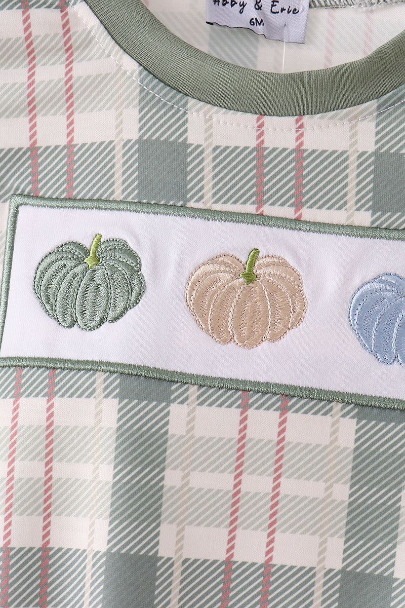 Green Pumpkin Embroidery Plaid Bubble