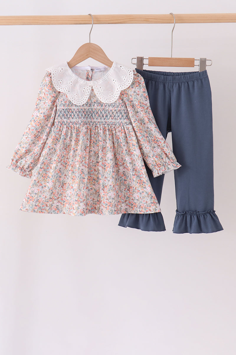 Floral smocked lace ruffle pants set