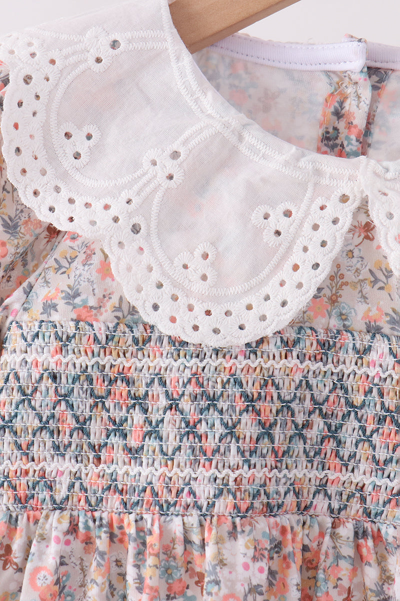 Floral smocked lace ruffle pants set