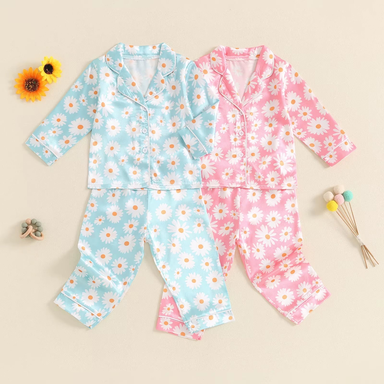 Children Girl Pajama Sets Kids Flower Print Lounge Outfits Daisy Print Long Sleeve Tops Pants Set Toddler Sleepwear