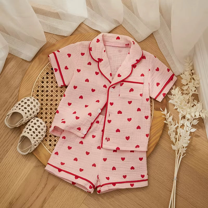 Summer Baby Girl Boy Pajama Set Cotton Linen Button down Clothes Short Sleeve Heart Print Tops Shorts Kids Loungewear Sleepwear